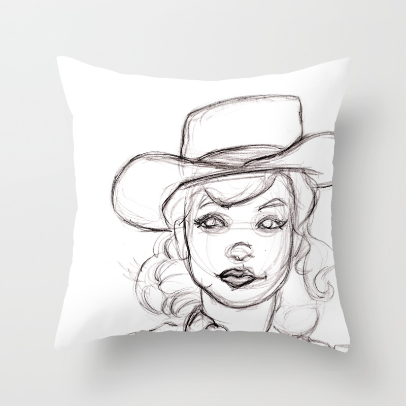 Pencil Drawing Sketch Of Retro Girl In Cowboy Hat Throw Pillow By