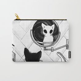 Alien Cat Staring Into Parallel Universe - Space Bathroom - Trippy Line Art Carry-All Pouch | Lineart, Whiskers, Cat, Mirror, Dotwork, Blackandwhite, Trippy, Nebula, Stipple, Space 