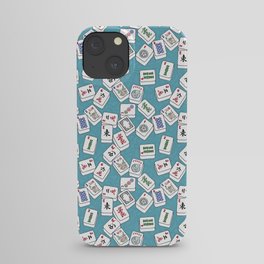 Mahjong Tiles Jumbled Across Aqua Background With Swirls iPhone Case