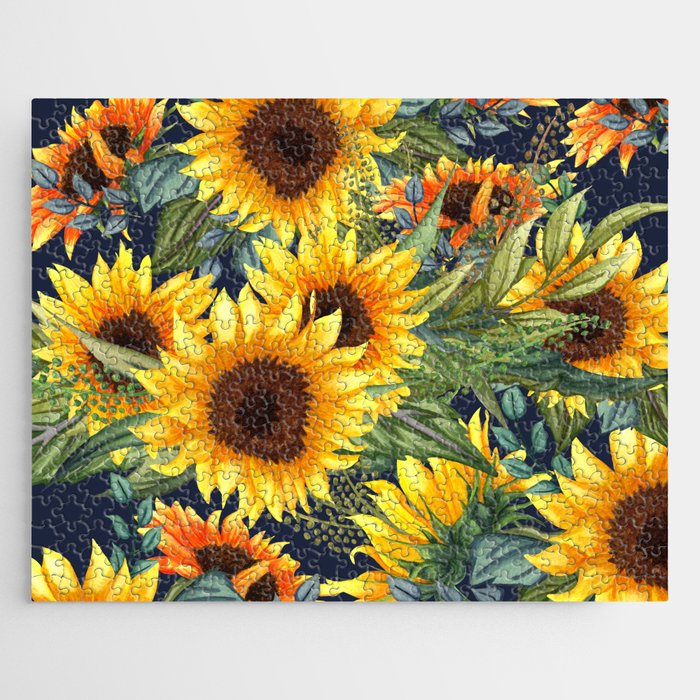 Festive, Sunflower, Yellow and Green on Navy Blue, Floral
