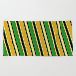 [ Thumbnail: Goldenrod, Tan, Forest Green, and Black Colored Striped/Lined Pattern Beach Towel ]