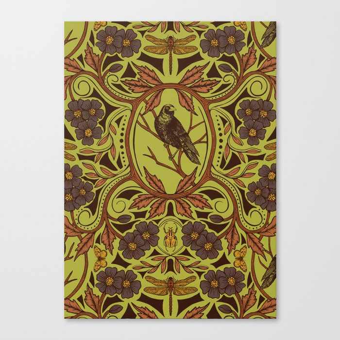 Crow & Dragonfly Floral in Retro Olive Green & Orange Canvas Print