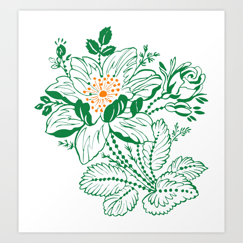 Japanese Style Green With Orange Flowers Art Print By Zeepo Society6