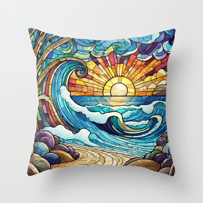 Stained glass beach sunset Throw Pillow