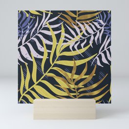 Textured abstract yellow and blue tropical leaves pattern Mini Art Print