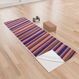 [ Thumbnail: Blue, Brown & Salmon Colored Stripes Pattern Yoga Towel ]