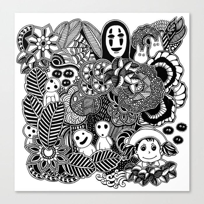 Ghibli  inspired black and white doodle art Canvas Print