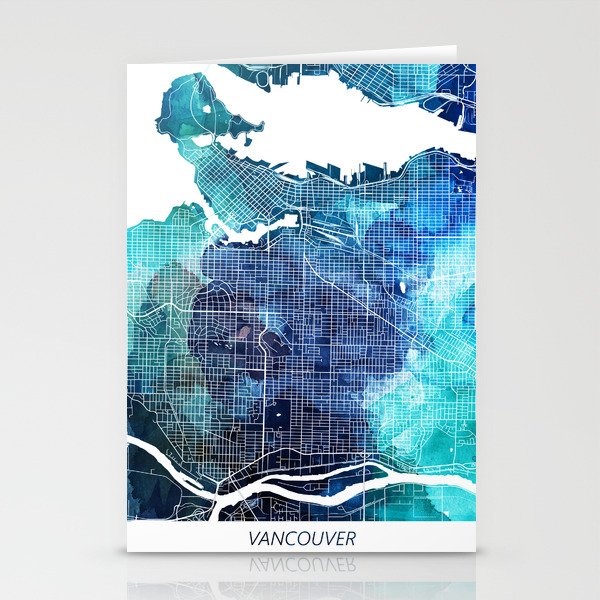 Vancouver Canada Map Navy Blue Turquoise Watercolor Stationery Cards