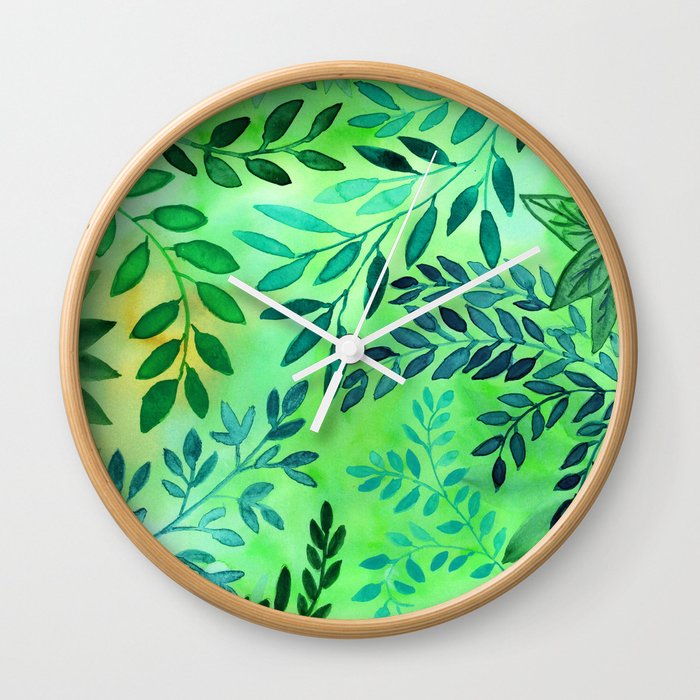 Watercolor Green Leaves Vibes Wall Clock