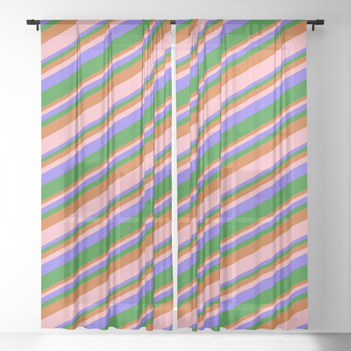 Chocolate, Light Pink, Medium Slate Blue, and Forest Green Colored Stripes/Lines Pattern Sheer Curtain