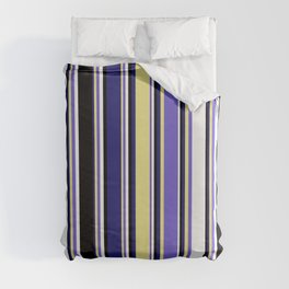 [ Thumbnail: Colorful Midnight Blue, Tan, Slate Blue, White, and Black Colored Lined/Striped Pattern Duvet Cover ]