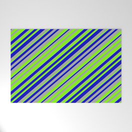 [ Thumbnail: Chartreuse, Blue, and Dark Gray Colored Lined Pattern Welcome Mat ]