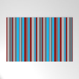 [ Thumbnail: Grey, Dim Grey, Deep Sky Blue & Dark Red Colored Stripes Pattern Welcome Mat ]
