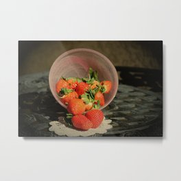 Strawberries in a Glass Bowl - Old World Stills Series Metal Print