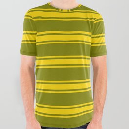 [ Thumbnail: Green and Yellow Colored Pattern of Stripes All Over Graphic Tee ]
