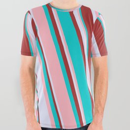 [ Thumbnail: Dark Turquoise, Light Pink, Lavender & Brown Colored Lines Pattern All Over Graphic Tee ]