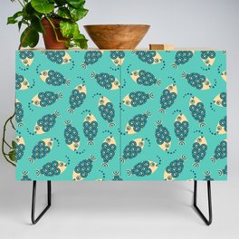 TOSSED SWIMMING FISH in COASTAL BLUE AND CREAM ON TURQUOISE Credenza