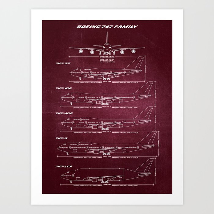 Boeing 747 Family Blueprint in High Resolution (red) Art Print