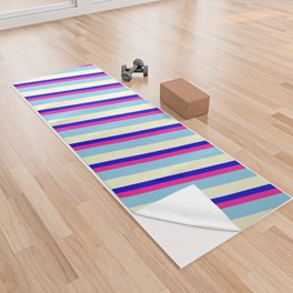 [ Thumbnail: Blue, Deep Pink, Sky Blue, and Light Yellow Colored Stripes/Lines Pattern Yoga Towel ]