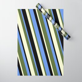 [ Thumbnail: Cornflower Blue, Dark Olive Green, Light Yellow, and Black Colored Lines/Stripes Pattern Wrapping Paper ]