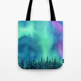 "Wilderness Lights" Aurora Borealis watercolor landscape painting Tote Bag