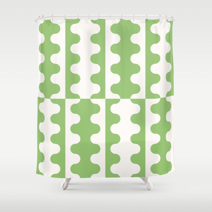 Abstract Mid-Century Green & White Wavy Pattern Shower Curtain