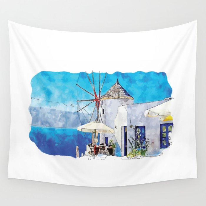 Santorini Island, Greece | Cyclades Islands | Mediterranean Sea | Greek IslandsWatercolor Sketch Paint 01 Wall Tapestry