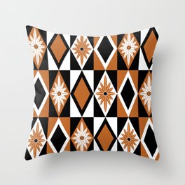 Geometric Tribal Abstract Diamond Flower Medallion Pattern // Terracotta Clay, Black, White Throw Pillow