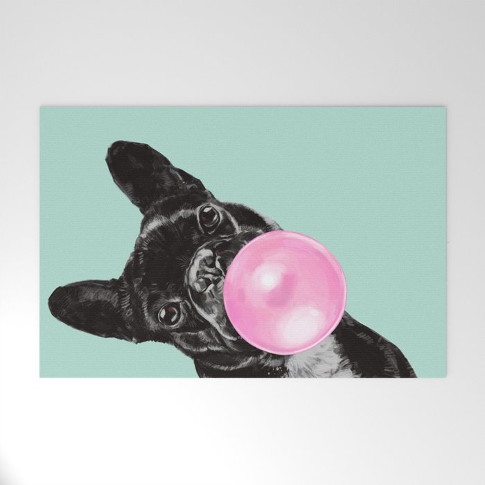 Bubble Gum Sneaky French Bulldog in Green Welcome Mat