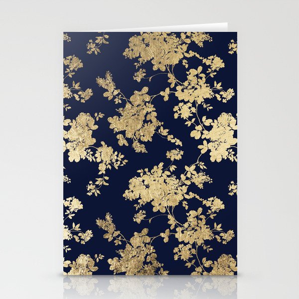 Elegant vintage navy blue faux gold flowers Stationery Cards
