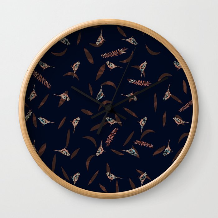 Graphic Birds and Leaves Brown and Navy Blue Wall Clock