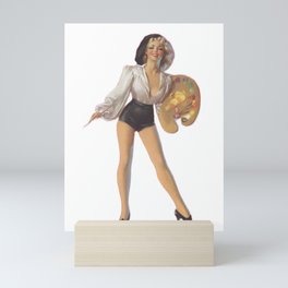 Sexy Blonde Artist Pin Up With Palette, Brush, Basque, White Shirt And White Shorts Mini Art Print