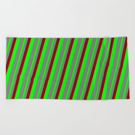 [ Thumbnail: Dark Red, Lime, and Gray Colored Stripes Pattern Beach Towel ]
