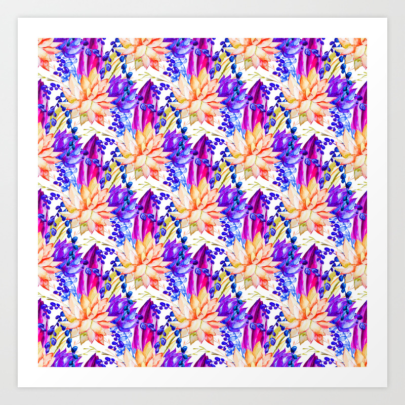 Hand Painted Orange Purple Navy Blue Watercolor Cactus Floral Art