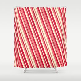 [ Thumbnail: Crimson, Light Coral & Light Yellow Colored Lines Pattern Shower Curtain ]