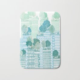 Juniper - A Garden City Bath Mat | Curated, Chicago, Towers, Blue, Eco, Watercolor, Buildings, Garden, Nature, Trees 