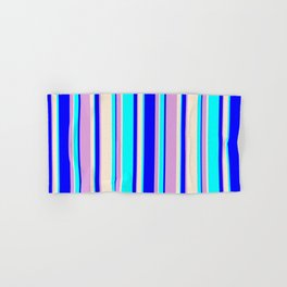 [ Thumbnail: Aqua, Beige, Plum & Blue Colored Lined Pattern Hand & Bath Towel ]