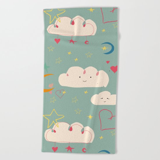 Cute clouds blue background Beach Towel