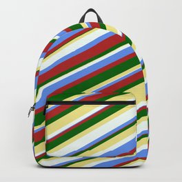 [ Thumbnail: Colorful Tan, Mint Cream, Cornflower Blue, Red, and Dark Green Colored Stripes Pattern Backpack ]