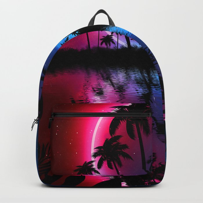 Neon landscape: Neon circle on a tropical beach Backpack