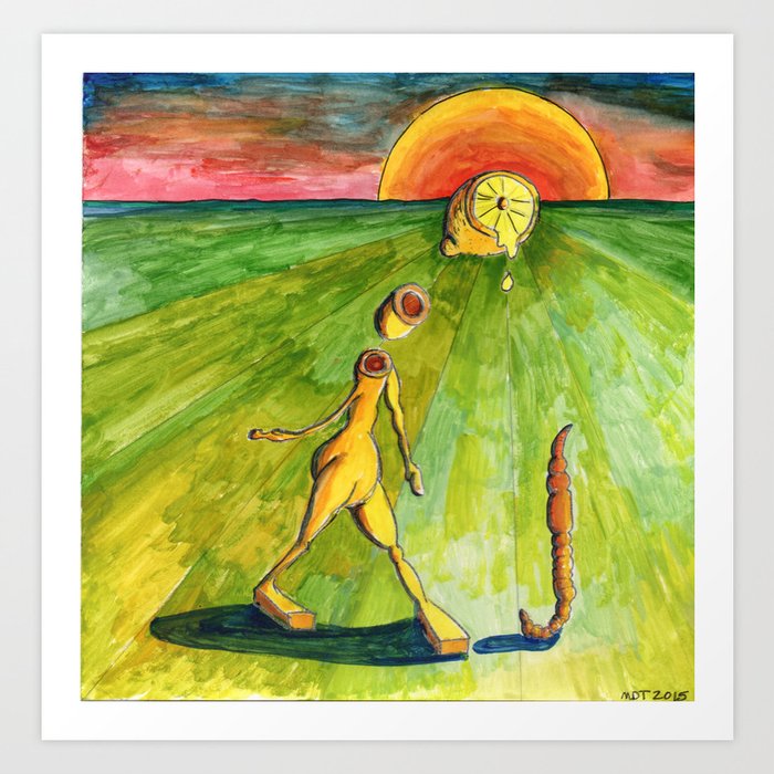 Walking Figure with Lemon and Earthworm Art Print by David Toy
