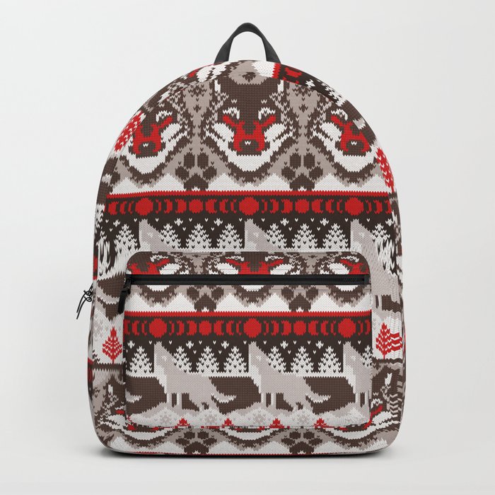 Fair isle knitting grey wolf // oak and taupe brown wolves red moons and pine trees Backpack