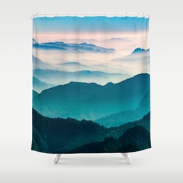 The Himalayan mountain range with visible silhouettes through the colorful fog from the Khalia top trek trail Shower Curtain