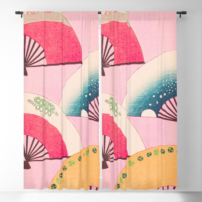 Fans on Pink Vintage Japanese Retro Pattern Blackout Curtain