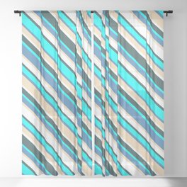 [ Thumbnail: Eye-catching Blue, Tan, White, Dark Slate Gray, and Cyan Colored Lined/Striped Pattern Sheer Curtain ]