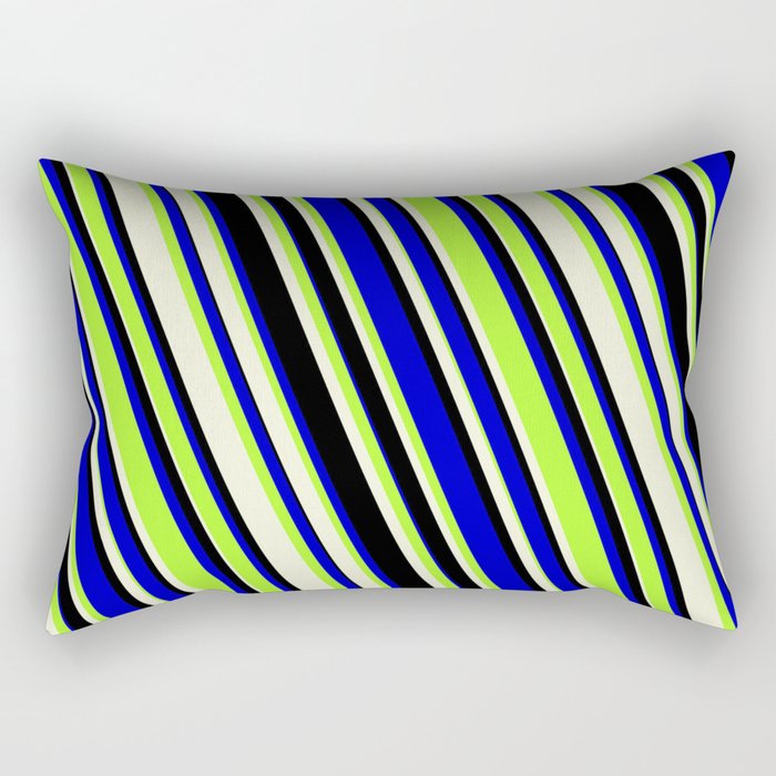 Blue, Light Green, Beige & Black Colored Lines/Stripes Pattern Rectangular Pillow