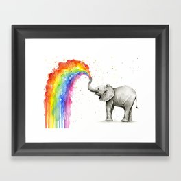 Baby Elephant Spraying Rainbow Framed Art Print