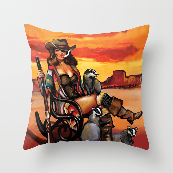 "Tequila Sunrise" Western Pinup Girl With A Rifle & Badger Throw Pillow