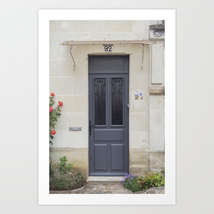 Mr Fouquet, Nr 92, France - Blue grey front door with roses - street photography - travel photography Art Print