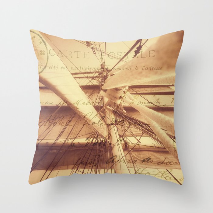 Vintage Nautical Sailing Typography in Sepia Throw Pillow